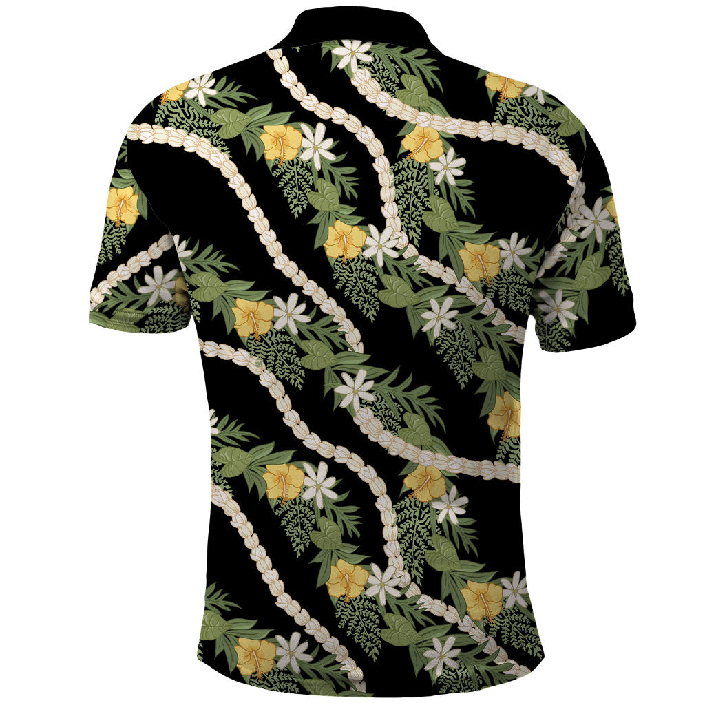Hawaiian Pikake Maile Lei Polo Shirt Tiare Hibiscus Kalo Palapalai Leaf Black LT19 - Polynesian Pride