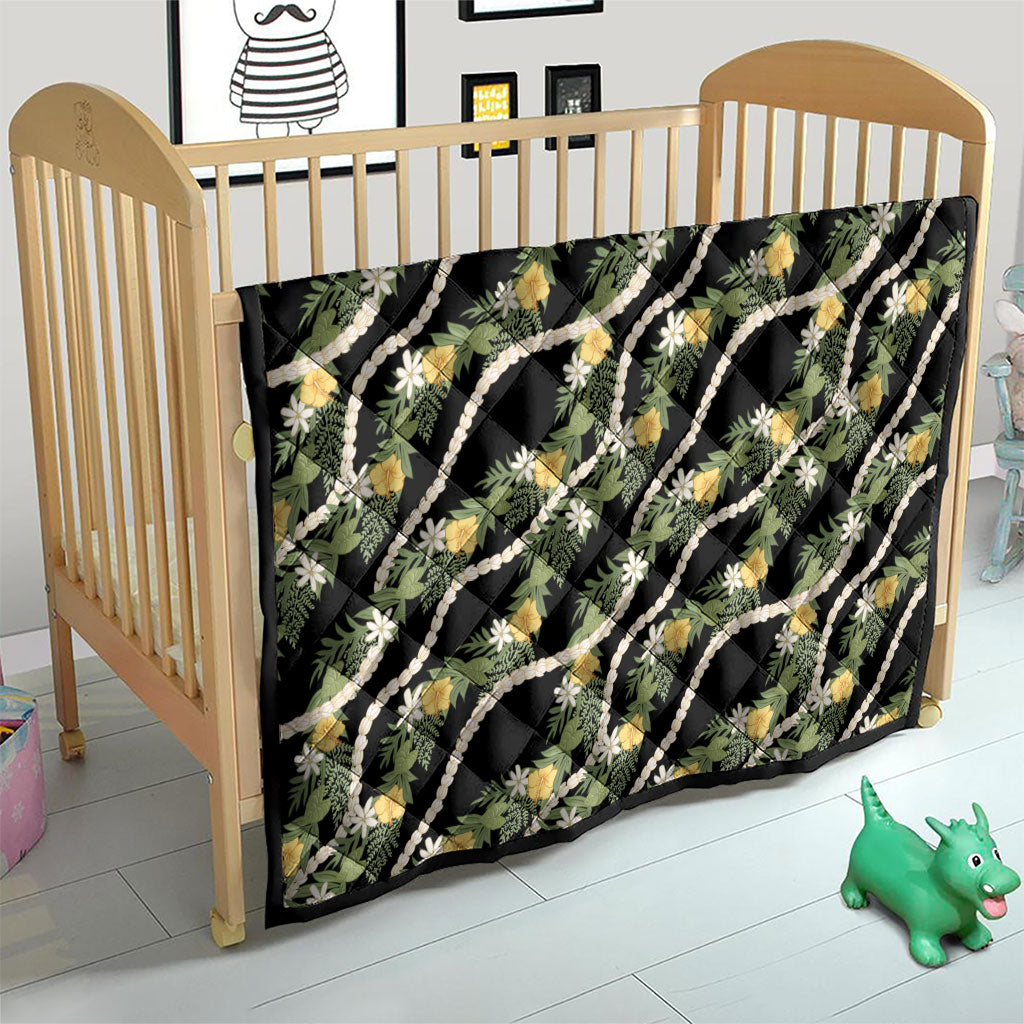 Hawaiian Pikake Maile Lei Quilt Tiare Hibiscus Kalo Palapalai Leaf Black