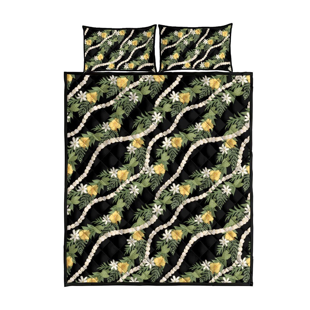 Hawaiian Pikake Maile Lei Quilt Bed Set Tiare Hibiscus Kalo Palapalai Leaf Black