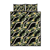 Hawaiian Pikake Maile Lei Quilt Bed Set Tiare Hibiscus Kalo Palapalai Leaf Black