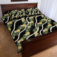 Hawaiian Pikake Maile Lei Quilt Bed Set Tiare Hibiscus Kalo Palapalai Leaf Black