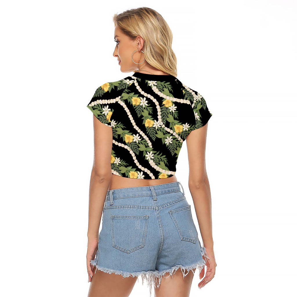 Hawaiian Pikake Maile Lei Raglan Cropped T Shirt Tiare Hibiscus Kalo Palapalai Leaf Black LT19 - Polynesian Pride