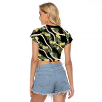 Hawaiian Pikake Maile Lei Raglan Cropped T Shirt Tiare Hibiscus Kalo Palapalai Leaf Black LT19 - Polynesian Pride