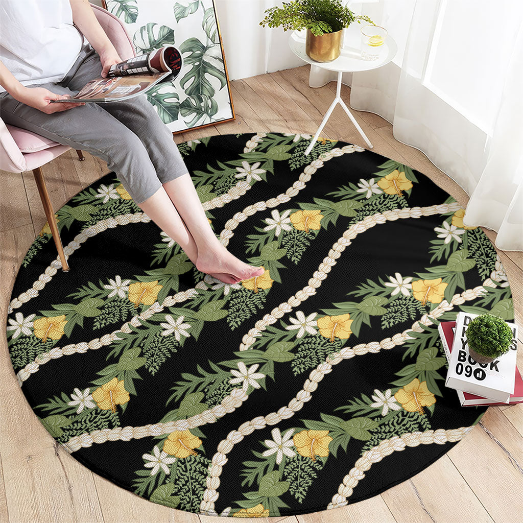 Hawaiian Pikake Maile Lei Round Carpet Tiare Hibiscus Kalo Palapalai Leaf Black