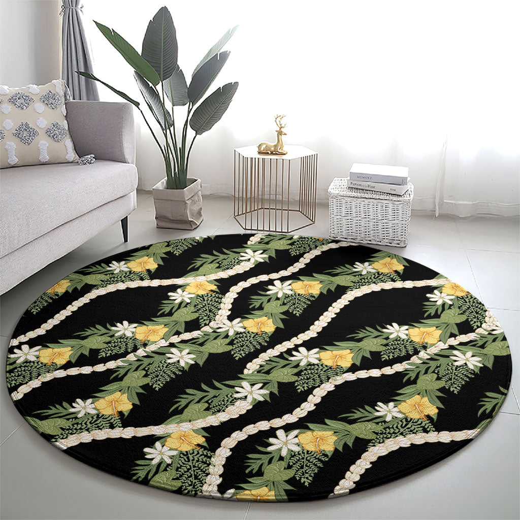 Hawaiian Pikake Maile Lei Round Carpet Tiare Hibiscus Kalo Palapalai Leaf Black