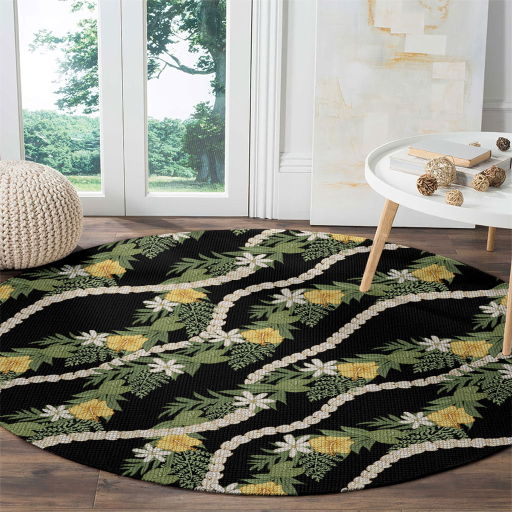 Hawaiian Pikake Maile Lei Round Carpet Tiare Hibiscus Kalo Palapalai Leaf Black