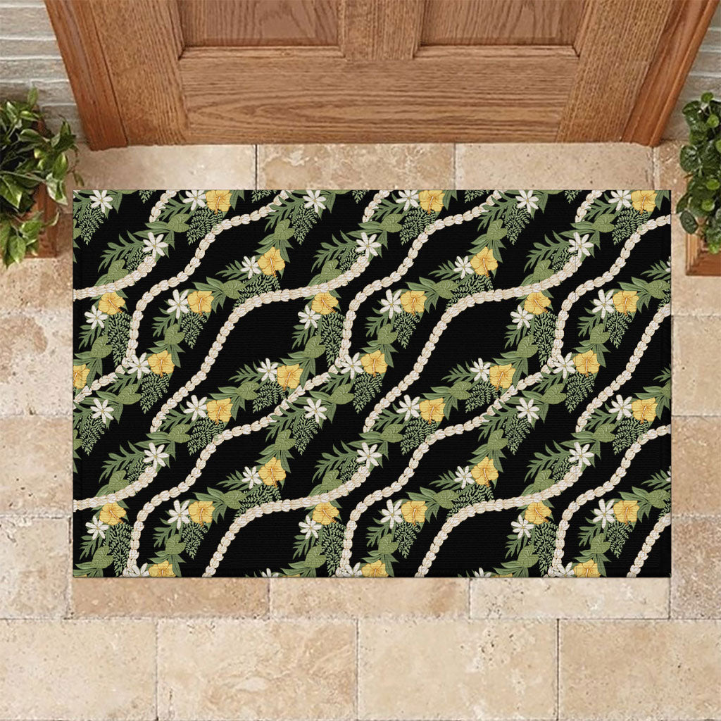 Hawaiian Pikake Maile Lei Rubber Doormat Tiare Hibiscus Kalo Palapalai Leaf Black