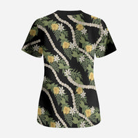 Hawaiian Pikake Maile Lei Scrub Top Tiare Hibiscus Kalo Palapalai Leaf Black