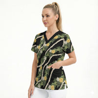 Hawaiian Pikake Maile Lei Scrub Top Tiare Hibiscus Kalo Palapalai Leaf Black