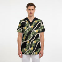 Hawaiian Pikake Maile Lei Scrub Top Tiare Hibiscus Kalo Palapalai Leaf Black