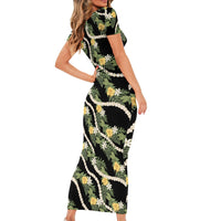 Hawaiian Pikake Maile Lei Short Sleeve Bodycon Dress Tiare Hibiscus Kalo Palapalai Leaf Black LT19 - Polynesian Pride