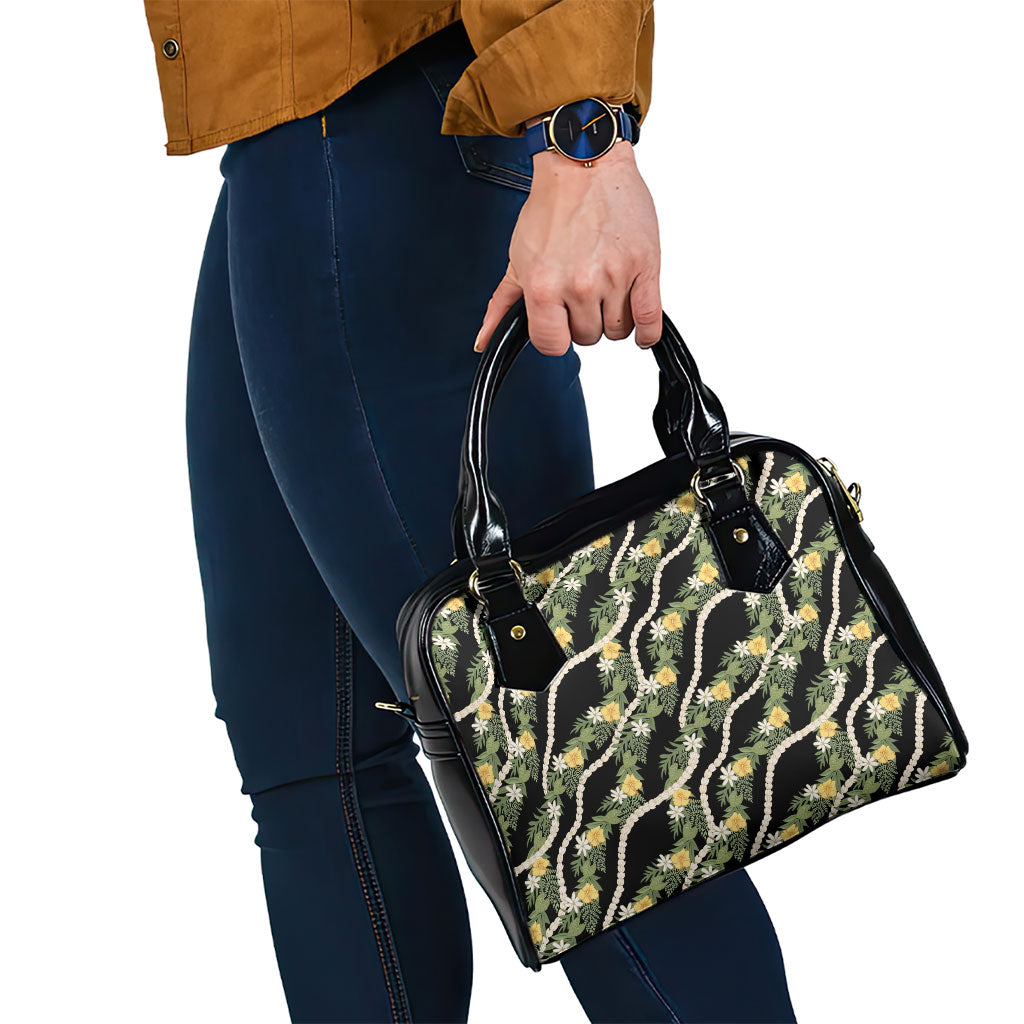 Hawaiian Pikake Maile Lei Shoulder Handbag Tiare Hibiscus Kalo Palapalai Leaf Black