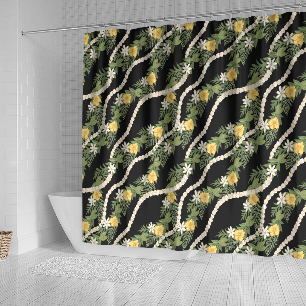 Hawaiian Pikake Maile Lei Shower Curtain Tiare Hibiscus Kalo Palapalai Leaf Black