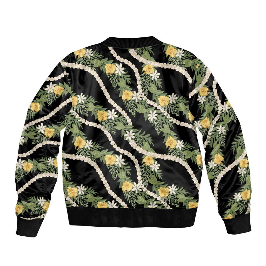 Hawaiian Pikake Maile Lei Sleeve Zip Bomber Jacket Tiare Hibiscus Kalo Palapalai Leaf Black