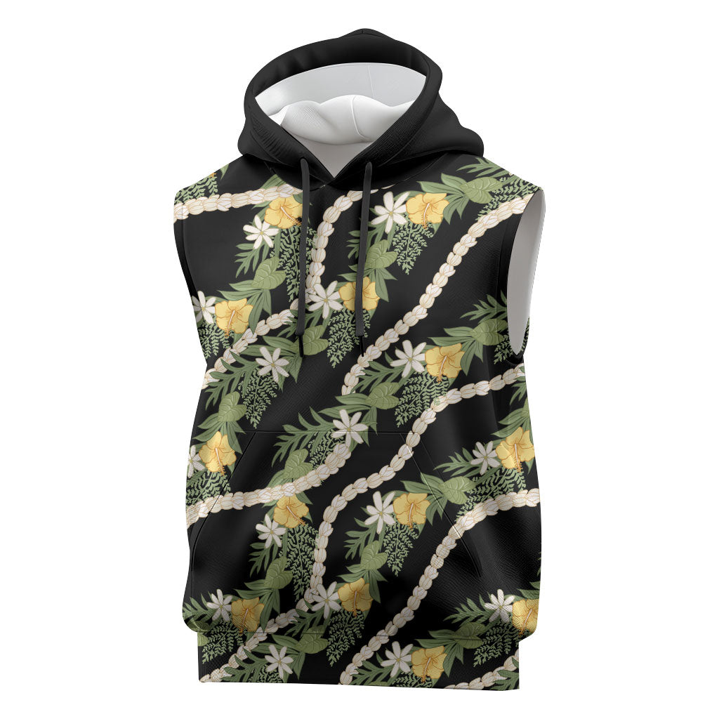 Hawaiian Pikake Maile Lei Sleeveless Hoodie Tiare Hibiscus Kalo Palapalai Leaf Black LT19 Black - Polynesian Pride