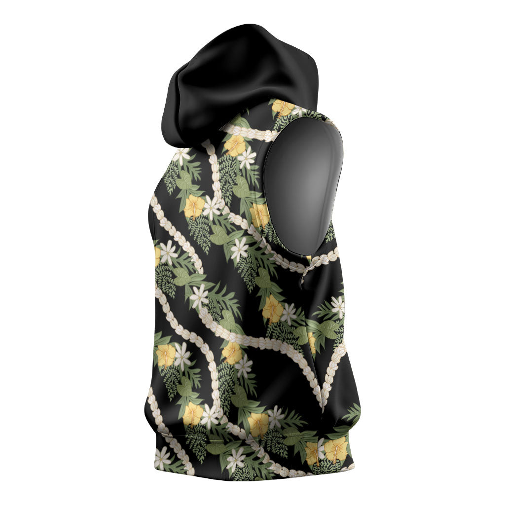 Hawaiian Pikake Maile Lei Sleeveless Hoodie Tiare Hibiscus Kalo Palapalai Leaf Black LT19 - Polynesian Pride