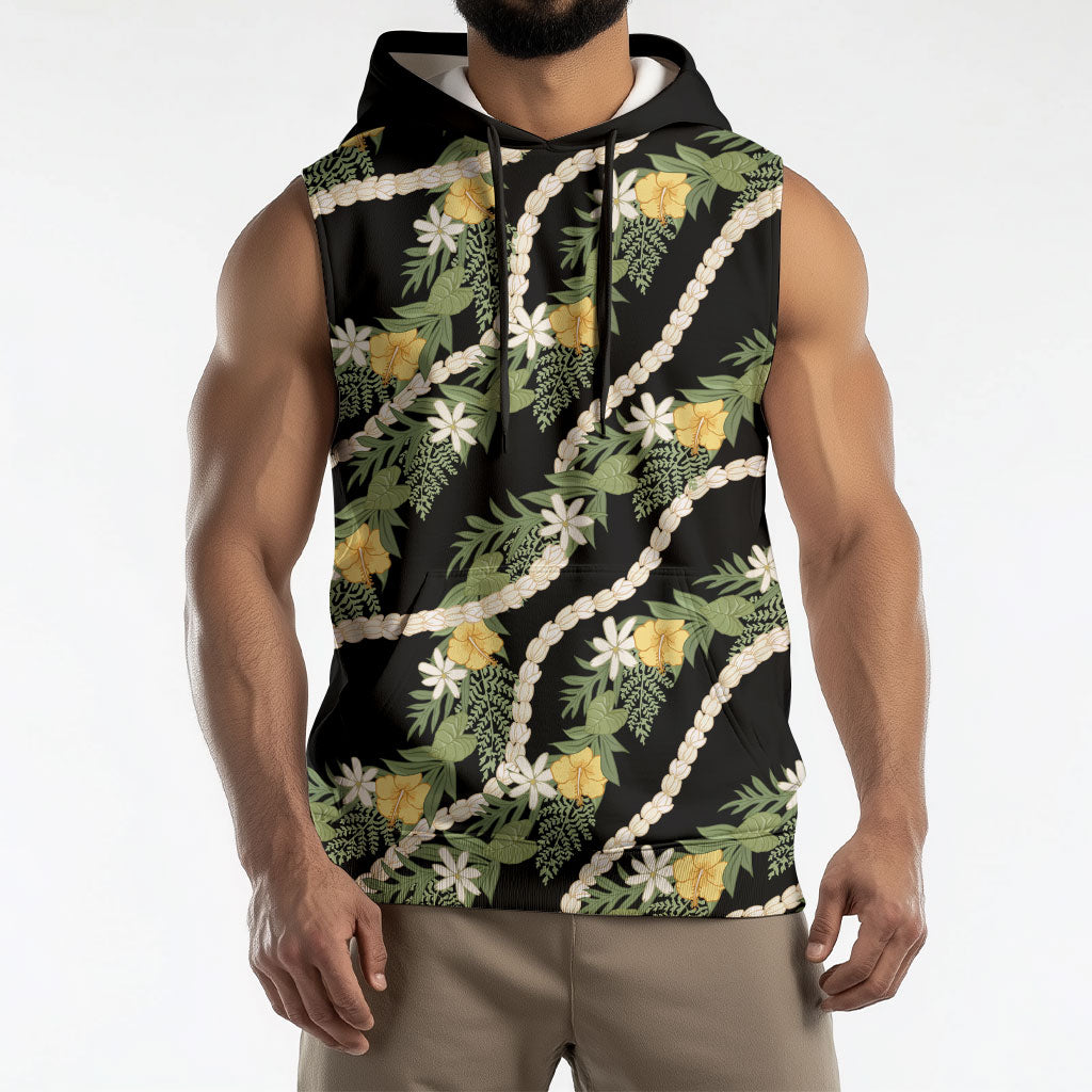 Hawaiian Pikake Maile Lei Sleeveless Hoodie Tiare Hibiscus Kalo Palapalai Leaf Black LT19 - Polynesian Pride