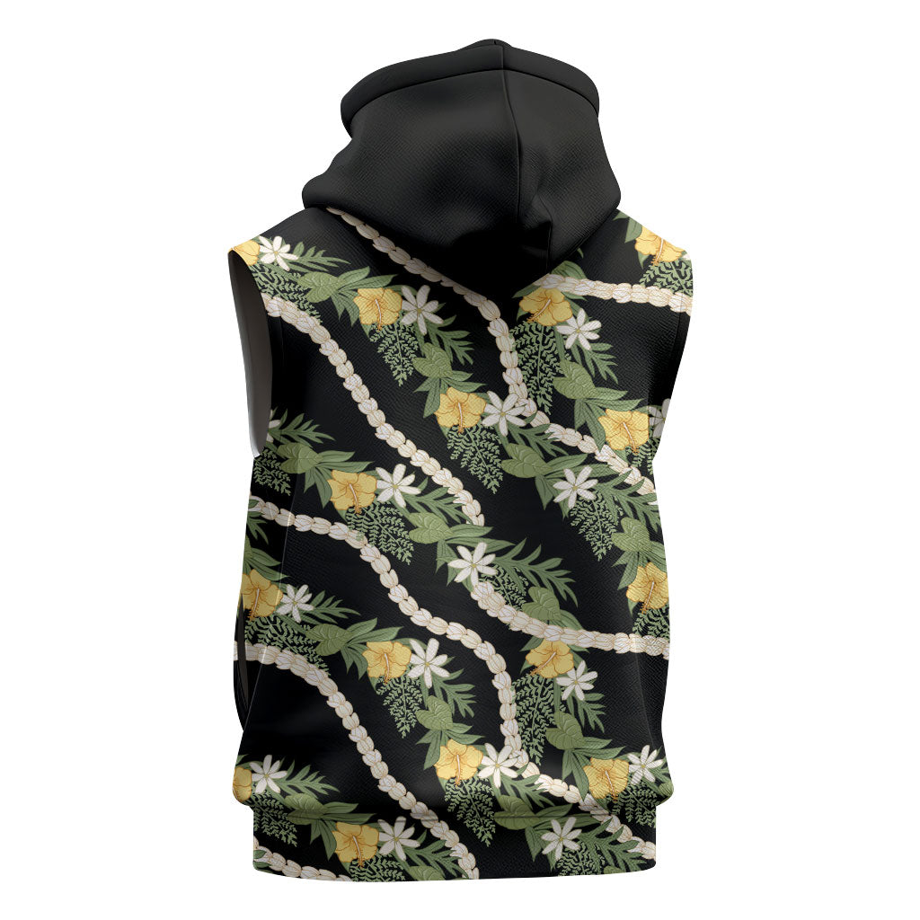 Hawaiian Pikake Maile Lei Sleeveless Zip Hoodie Tiare Hibiscus Kalo Palapalai Leaf Black LT19 - Polynesian Pride