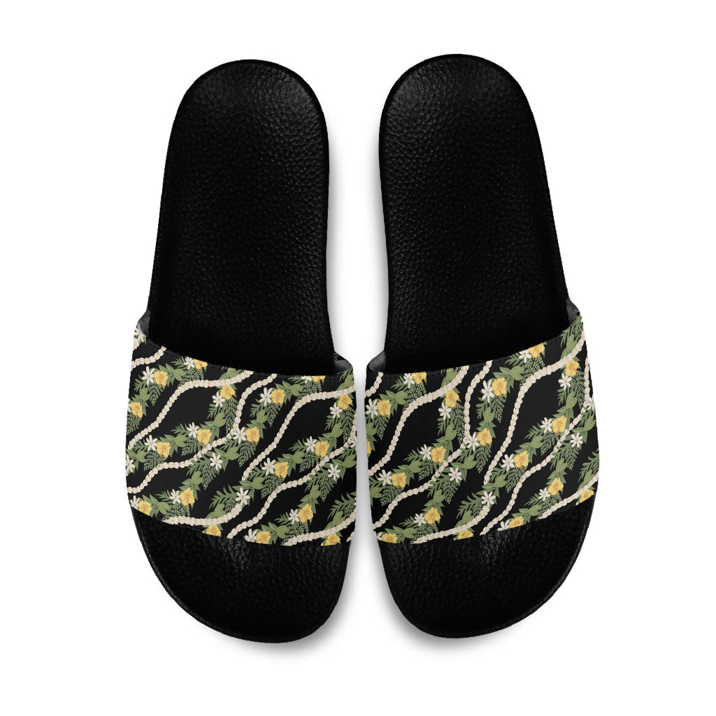 Hawaiian Pikake Maile Lei Slide Sandals Tiare Hibiscus Kalo Palapalai Leaf Black