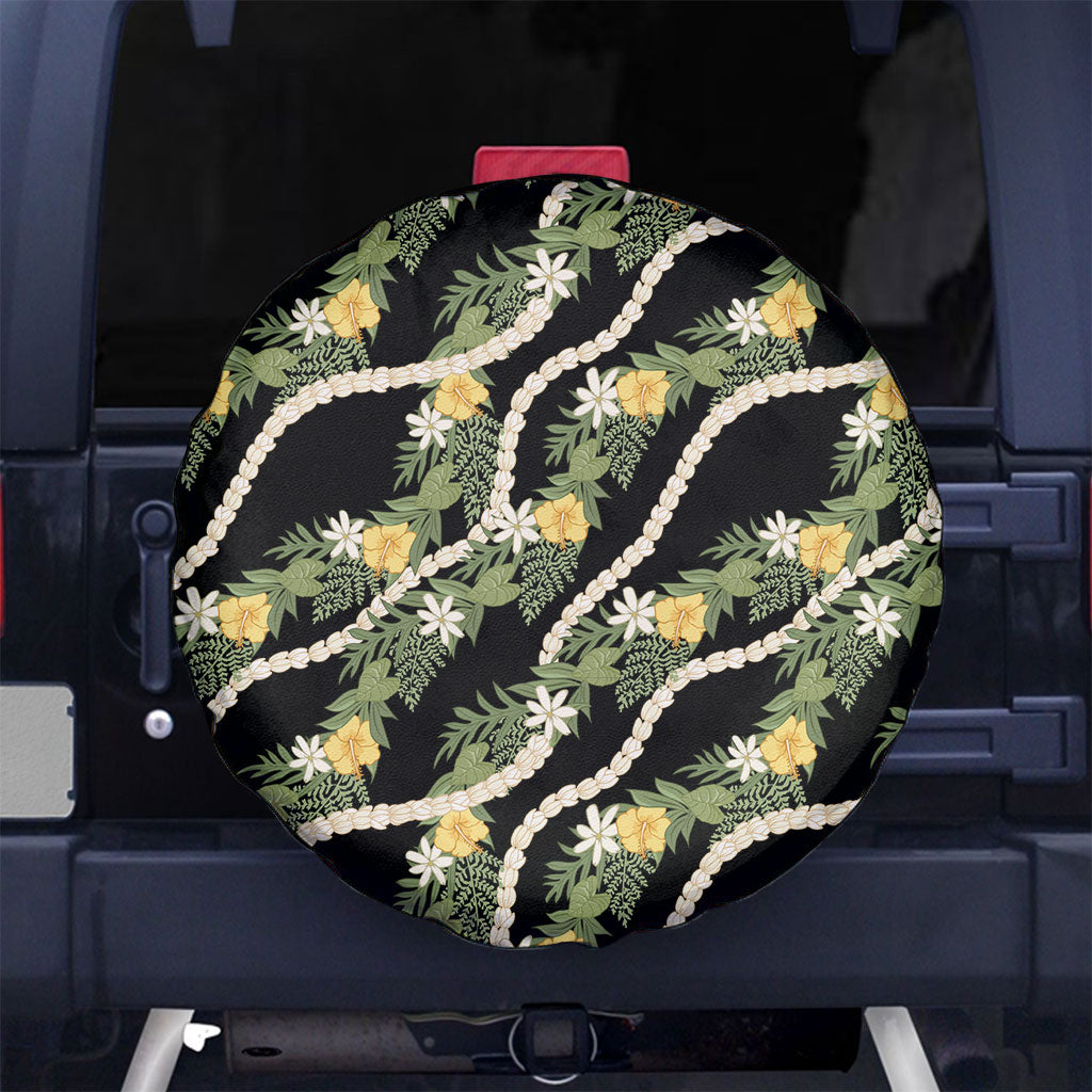 Hawaiian Pikake Maile Lei Spare Tire Cover Tiare Hibiscus Kalo Palapalai Leaf Black LT19 No hole Black - Polynesian Pride