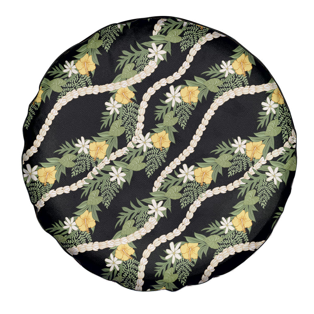 Hawaiian Pikake Maile Lei Spare Tire Cover Tiare Hibiscus Kalo Palapalai Leaf Black LT19 - Polynesian Pride