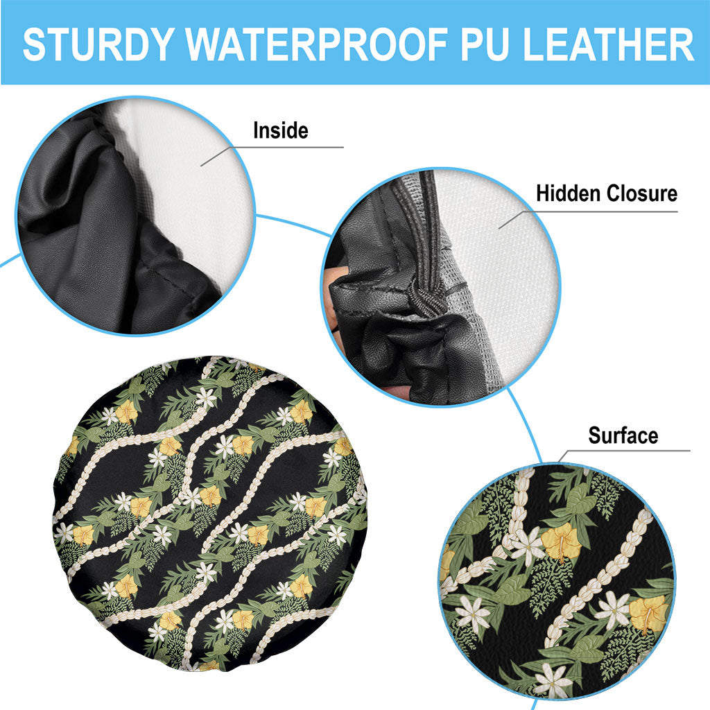 Hawaiian Pikake Maile Lei Spare Tire Cover Tiare Hibiscus Kalo Palapalai Leaf Black LT19 - Polynesian Pride