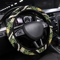Hawaiian Pikake Maile Lei Steering Wheel Cover Tiare Hibiscus Kalo Palapalai Leaf Black LT19 Universal Fit Black - Polynesian Pride