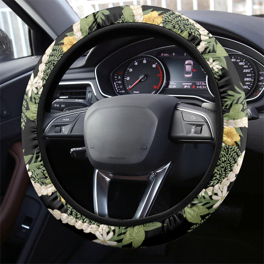 Hawaiian Pikake Maile Lei Steering Wheel Cover Tiare Hibiscus Kalo Palapalai Leaf Black LT19 - Polynesian Pride