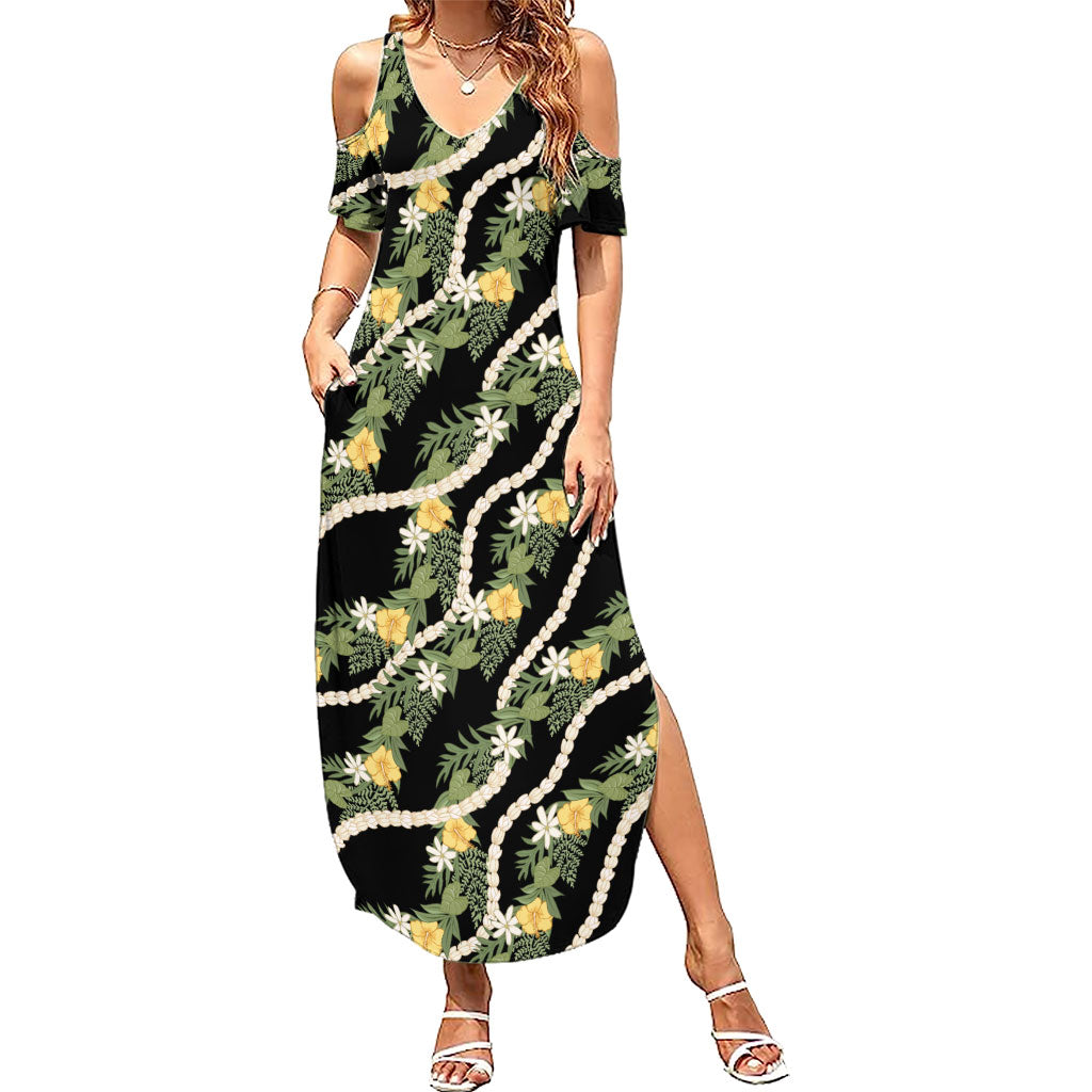 Hawaiian Pikake Maile Lei Summer Maxi Dress Tiare Hibiscus Kalo Palapalai Leaf Black