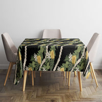 Hawaiian Pikake Maile Lei Tablecloth Tiare Hibiscus Kalo Palapalai Leaf Black