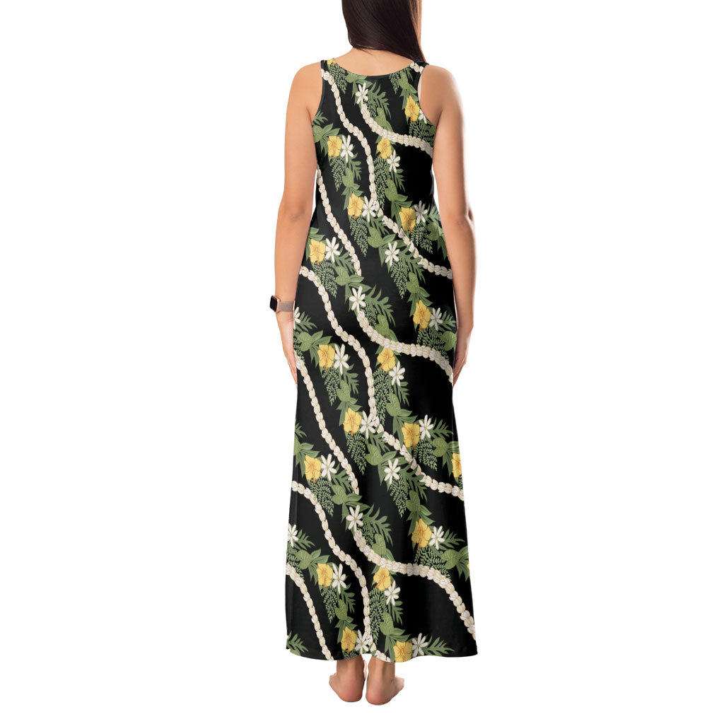 Hawaiian Pikake Maile Lei Tank Maxi Dress Tiare Hibiscus Kalo Palapalai Leaf Black LT19 - Polynesian Pride