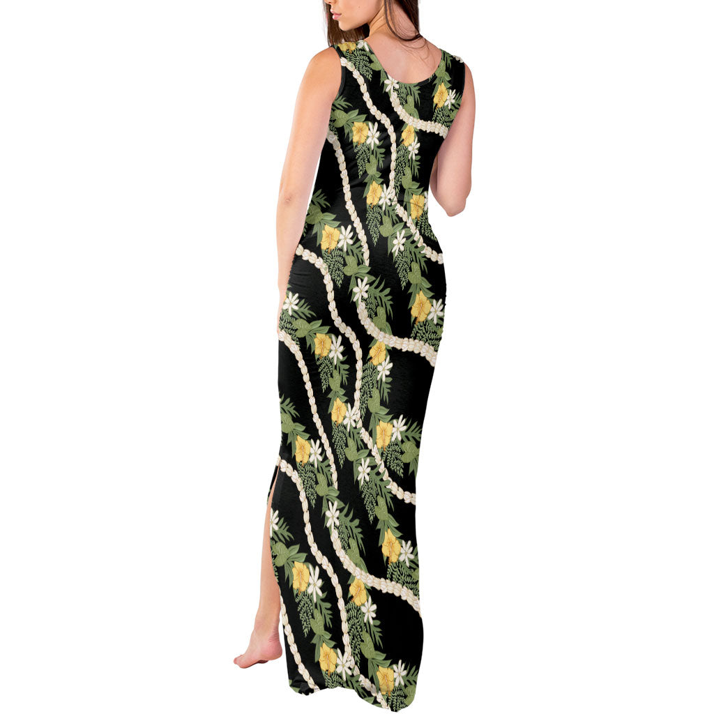 Hawaiian Pikake Maile Lei Tank Maxi Dress Tiare Hibiscus Kalo Palapalai Leaf Black LT19 - Polynesian Pride
