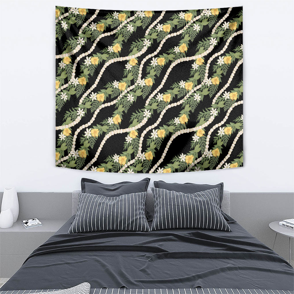 Hawaiian Pikake Maile Lei Tapestry Tiare Hibiscus Kalo Palapalai Leaf Black