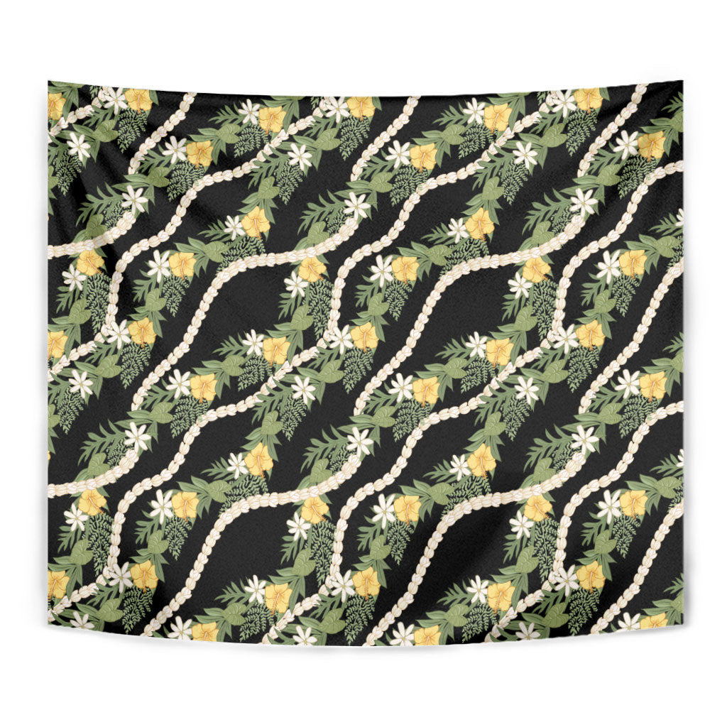 Hawaiian Pikake Maile Lei Tapestry Tiare Hibiscus Kalo Palapalai Leaf Black