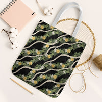 Hawaiian Pikake Maile Lei Tote Bag Tiare Hibiscus Kalo Palapalai Leaf Black