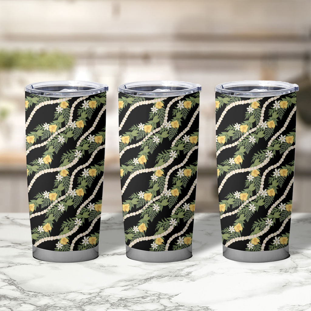 Hawaiian Pikake Maile Lei Tumbler Cup Tiare Hibiscus Kalo Palapalai Leaf Black LT19 - Polynesian Pride