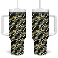 Hawaiian Pikake Maile Lei Tumbler With Handle Tiare Hibiscus Kalo Palapalai Leaf Black LT19 One Size: 40 oz Black - Polynesian Pride