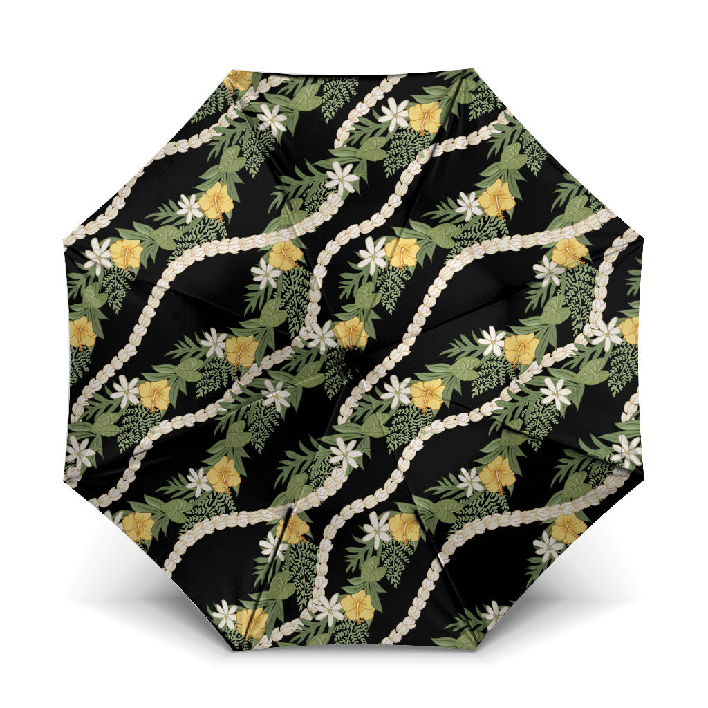 Hawaiian Pikake Maile Lei Umbrella Tiare Hibiscus Kalo Palapalai Leaf Black