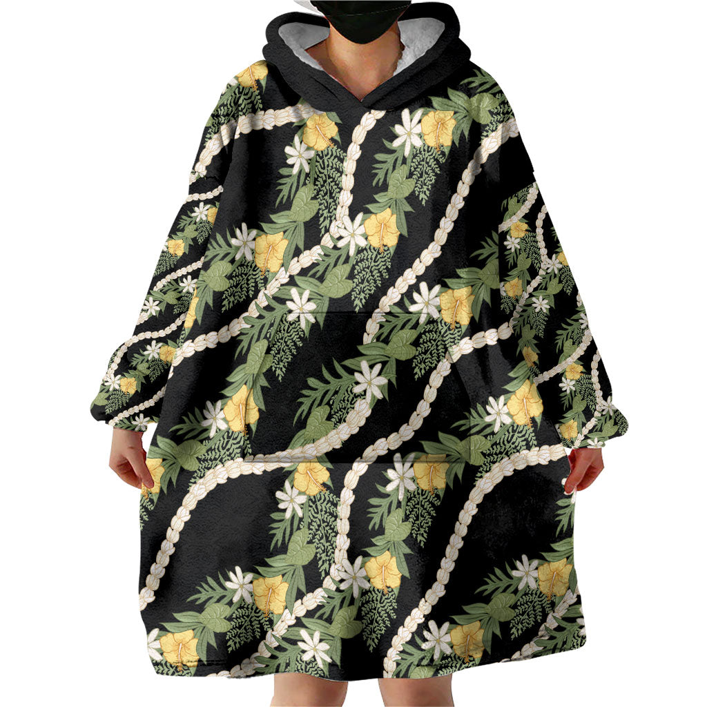 Hawaiian Pikake Maile Lei Wearable Blanket Hoodie Tiare Hibiscus Kalo Palapalai Leaf Black LT19 - Polynesian Pride