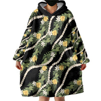 Hawaiian Pikake Maile Lei Wearable Blanket Hoodie Tiare Hibiscus Kalo Palapalai Leaf Black LT19 - Polynesian Pride