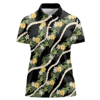 Hawaiian Pikake Maile Lei Women Polo Shirt Tiare Hibiscus Kalo Palapalai Leaf Black LT19 Female Black - Polynesian Pride
