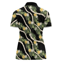 Hawaiian Pikake Maile Lei Women Polo Shirt Tiare Hibiscus Kalo Palapalai Leaf Black LT19 - Polynesian Pride