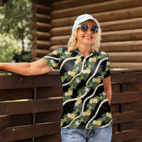 Hawaiian Pikake Maile Lei Women Polo Shirt Tiare Hibiscus Kalo Palapalai Leaf Black LT19 - Polynesian Pride