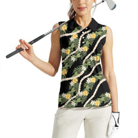 Hawaiian Pikake Maile Lei Women Sleeveless Polo Shirt Tiare Hibiscus Kalo Palapalai Leaf Black LT19 - Polynesian Pride