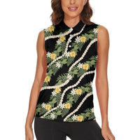 Hawaiian Pikake Maile Lei Women Sleeveless Polo Shirt Tiare Hibiscus Kalo Palapalai Leaf Black LT19 - Polynesian Pride