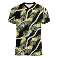 Hawaiian Pikake Maile Lei Women V-Neck T-Shirt Tiare Hibiscus Kalo Palapalai Leaf Black LT19 Female Black - Polynesian Pride