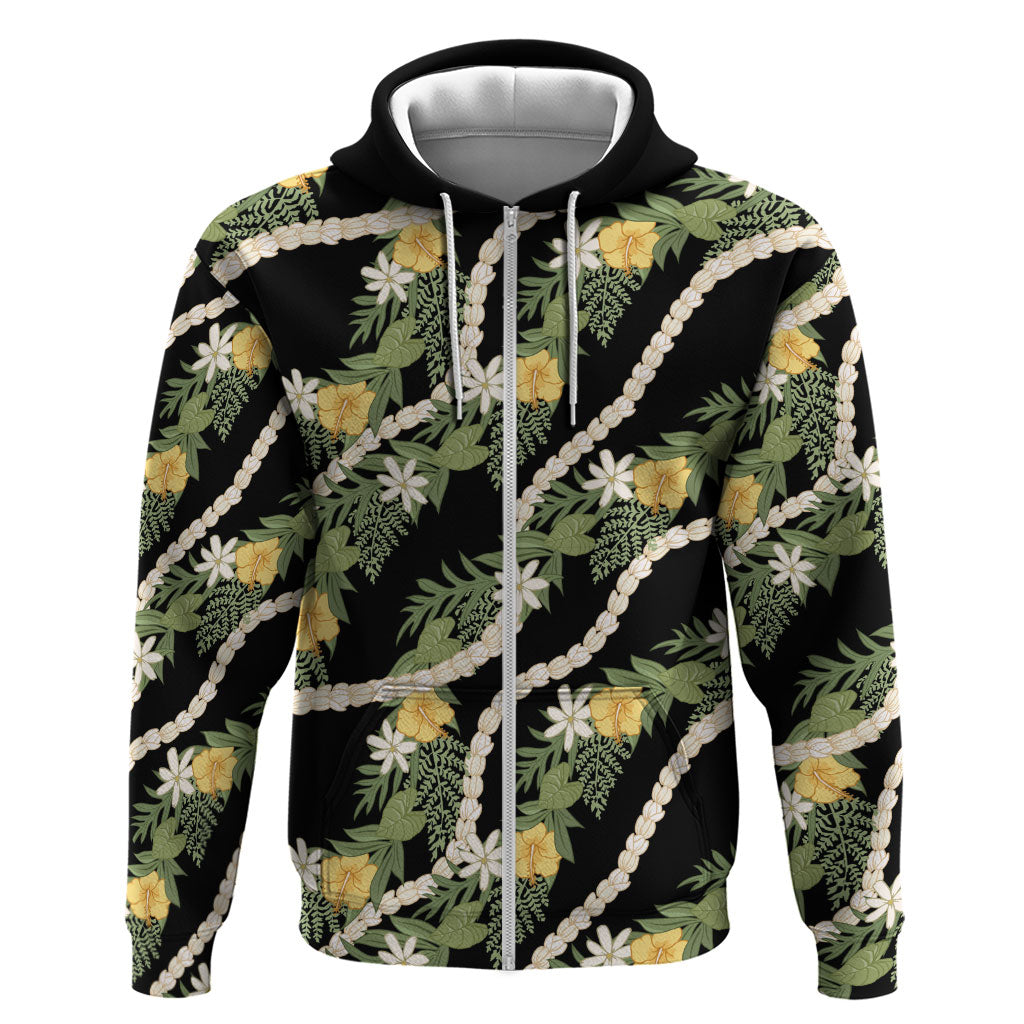 Hawaiian Pikake Maile Lei Zip Hoodie Tiare Hibiscus Kalo Palapalai Leaf Black LT19 Zip Hoodie Black - Polynesian Pride