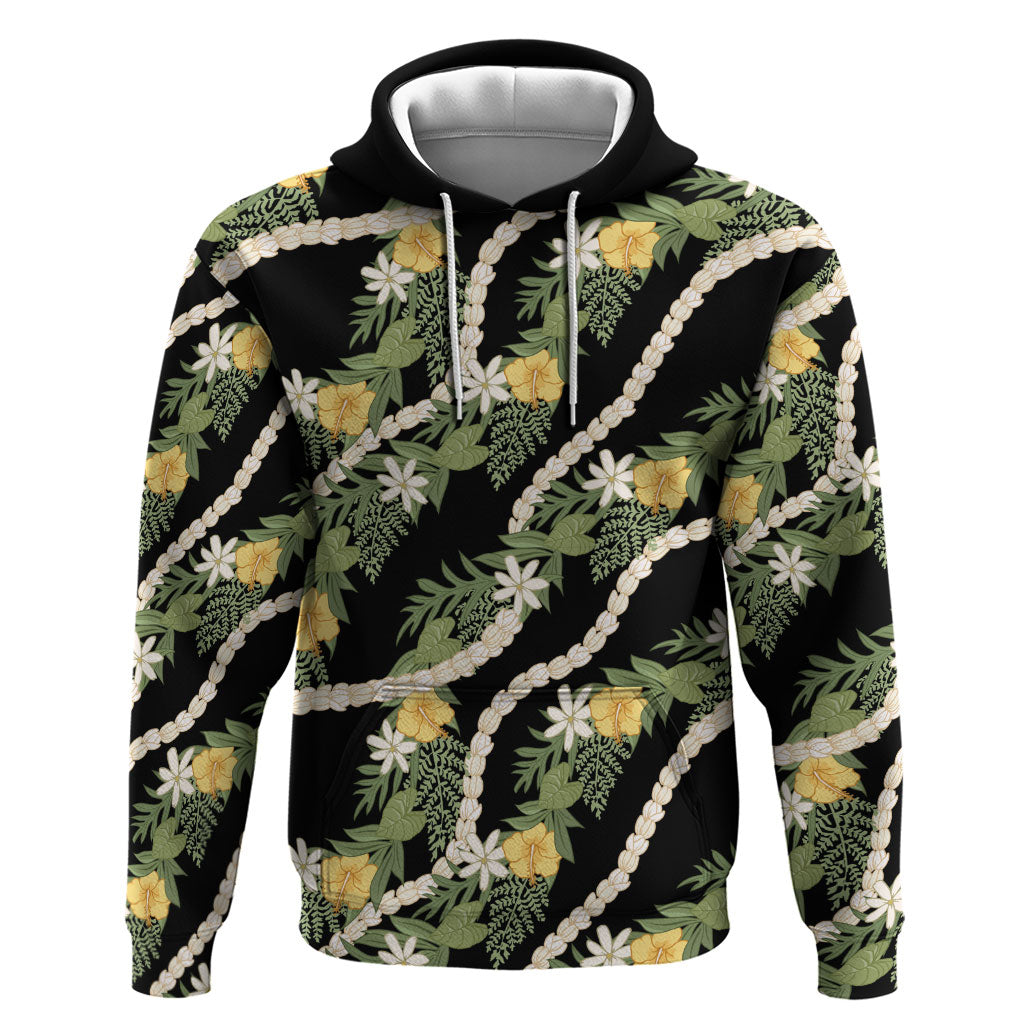 Hawaiian Pikake Maile Lei Zip Hoodie Tiare Hibiscus Kalo Palapalai Leaf Black LT19 Pullover Hoodie Black - Polynesian Pride