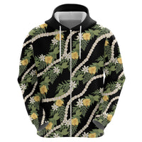 Hawaiian Pikake Maile Lei Zip Hoodie Tiare Hibiscus Kalo Palapalai Leaf Black LT19 - Polynesian Pride