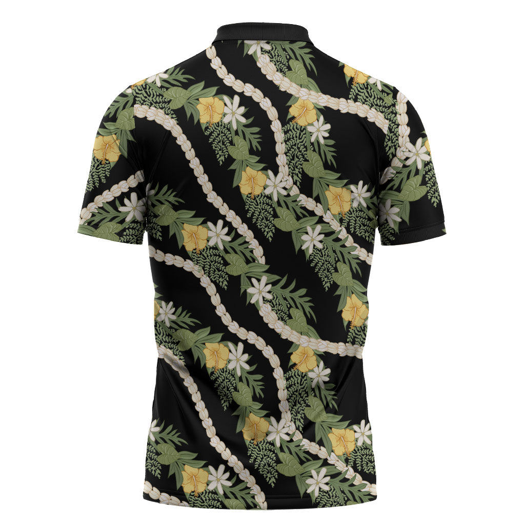 Hawaiian Pikake Maile Lei Zipper Polo Shirt Tiare Hibiscus Kalo Palapalai Leaf Black LT19 - Polynesian Pride